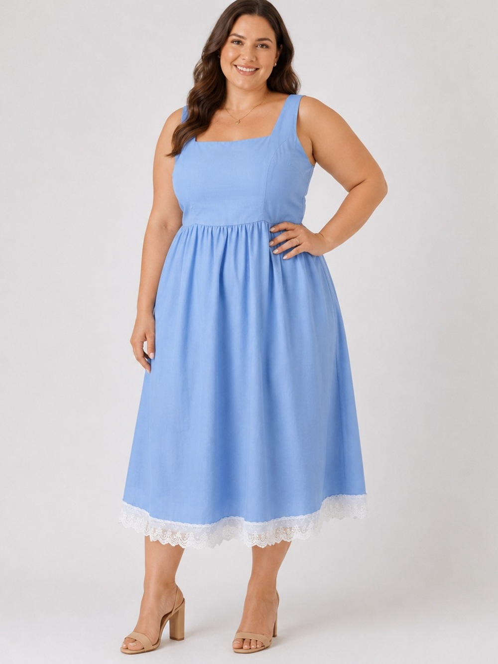 Square-Neck Midi Slip Dress in Sky Blue with Lace Hem